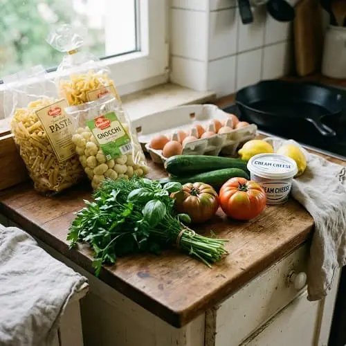 Zutaten für ein schnelles Abendessen mit Pasta, Gnocchi, Eiern, Gemüse und Kräutern