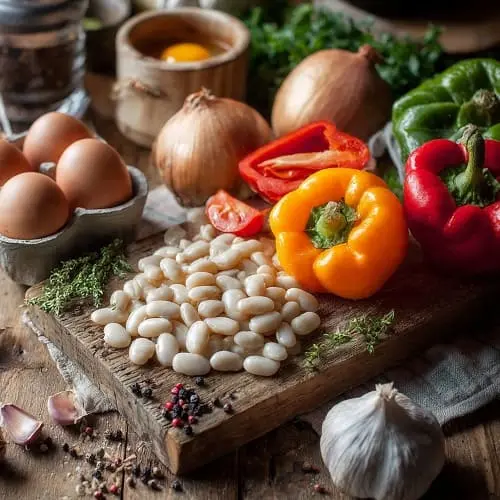 Zutaten für eine weiße-Bohnen-Pfanne mit Paprika und Ei auf einer Küchenplatte