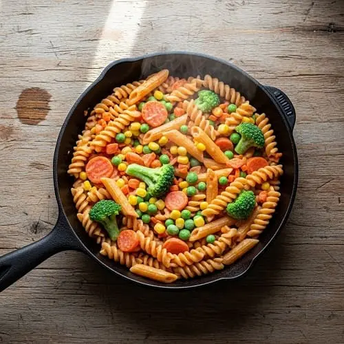 Schnelle Gemüsepfanne als 15-Minuten-Mittagessen mit Nudeln und Tiefkühlgemüse