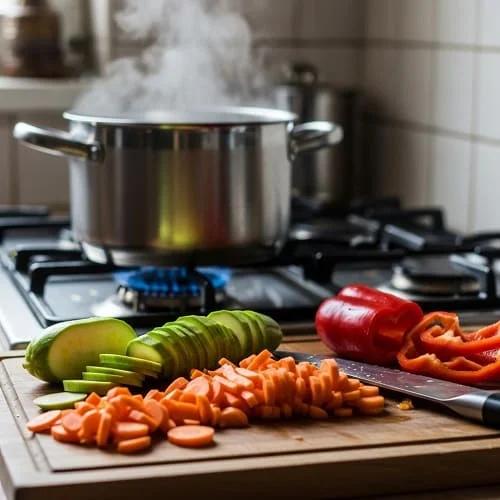Vorbereitung für 15-Minuten-Mittagessen: Gemüse schnell schneiden, während der Topf schon heiß wird