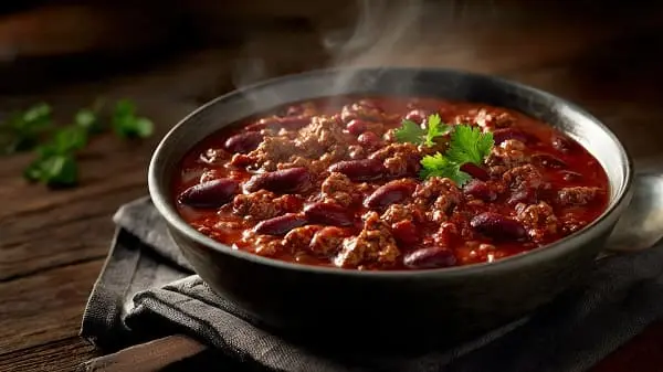 Original mexikanisches Chili con Carne mit Rindfleisch, Bohnen und kräftiger roter Soße