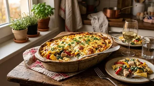 Großer cremiger Nudelauflauf als unkompliziertes Essen für viele Gäste