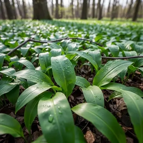 Frischer Bärlauch im Wald: lange grüne Blätter im Halbschatten