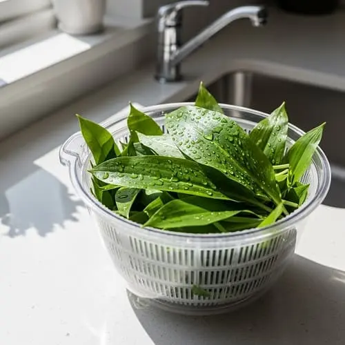 Bärlauchblätter nach dem Waschen in einer Salatschleuder
