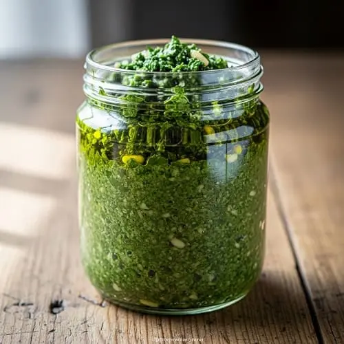 Bärlauchpesto in einem Glas mit dünner Ölschicht zum Schutz