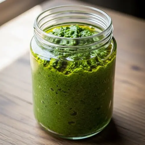 Bärlauchpesto in einem sauberen Glas mit dünner Ölschicht obenauf