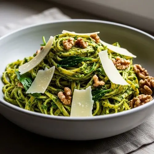Pasta mit Bärlauchpesto und Walnüssen in einer hellen Schüssel