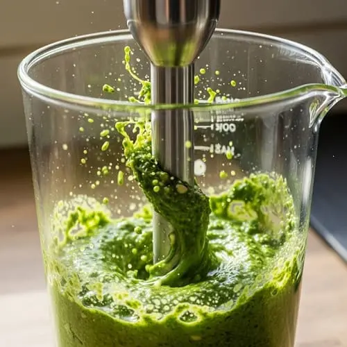Bärlauchpesto wird mit einem Stabmixer cremig gemixt