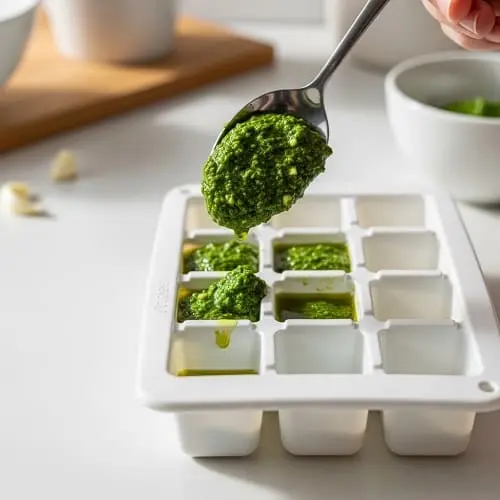 Bärlauchpesto wird in einer Eiswürfelform portioniert