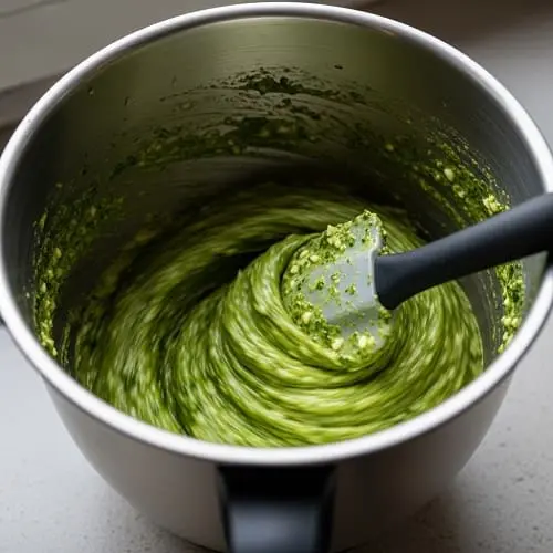Bärlauchpesto im Mixtopf kurz vor dem Abfüllen