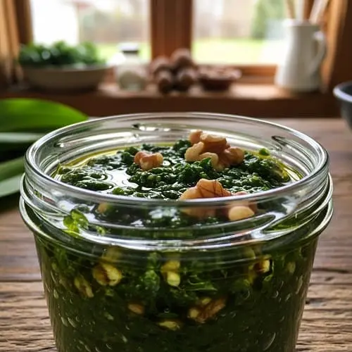 Cremiges Bärlauchpesto mit Walnüssen im Schraubglas, frisch zubereitet