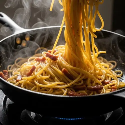 Spaghetti Carbonara original: Rezept ohne Sahne 5 Spaghetti Carbonara wird in der Pfanne cremig gebunden, ohne Sahne, nur mit Ei, Käse und Nudelwasser