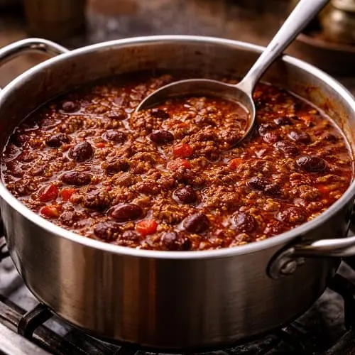 Großer Topf Chili con Carne köchelt langsam und wird sämig