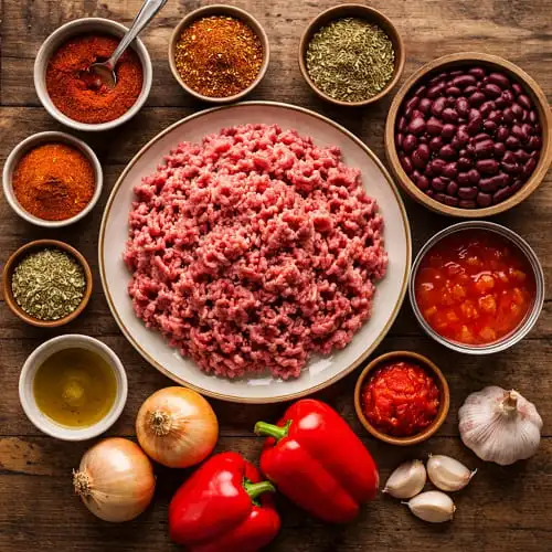 Zutaten für Chili con Carne für 10 Personen: Hackfleisch, Zwiebeln, Knoblauch, Paprika, Tomaten, Bohnen und Gewürze