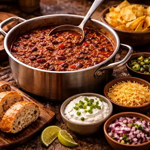 Chili con Carne Buffet mit Toppings wie Joghurt, Käse, Zwiebeln und Brot für 10 Personen