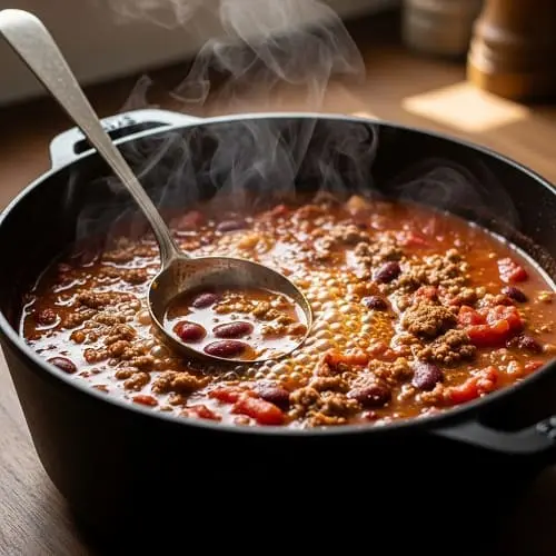 Chili con Carne köchelt langsam im Topf und wird sämig