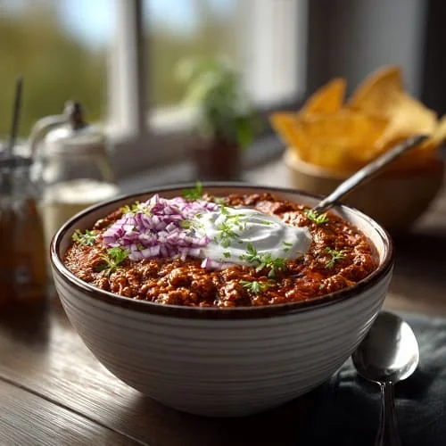 Chili con Carne in Schale serviert mit Toppings wie Joghurt, Zwiebeln und Kräutern