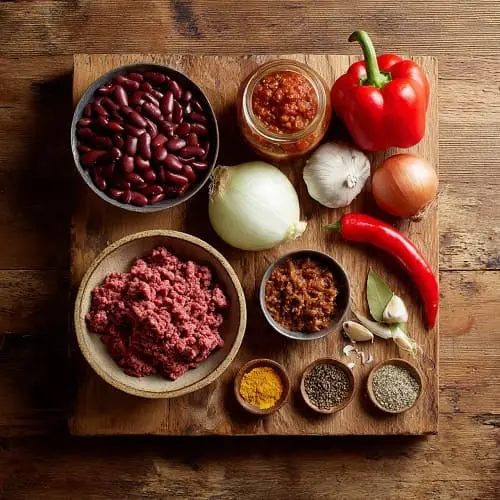 Zutatenübersicht für Chili con Carne mit Rindfleisch, Bohnen, Tomaten, Zwiebeln und Gewürzen