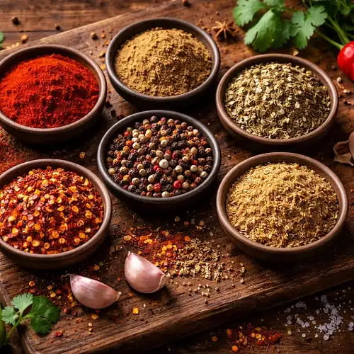 Chili con Carne Gewürze in kleinen Schalen: Paprika, Kreuzkümmel, Oregano, Chili und Pfeffer