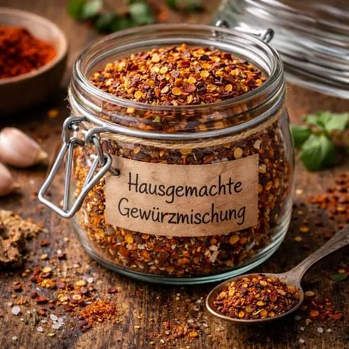 Selbstgemachte Chili con Carne Gewürzmischung in einem Schraubglas, beschriftet und trocken gelagert