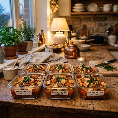 Fertige proteinreiche Hähnchen-Linsen-Boxen für die Woche