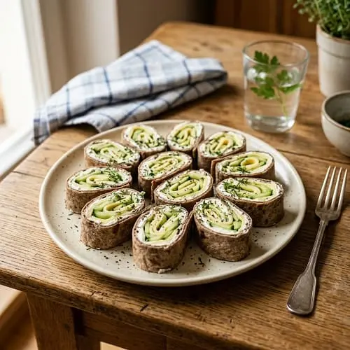 Fladenbrot-Rollen als schnelles Abendessen ohne Kochen mit Frischkäse, Gurke und Käse