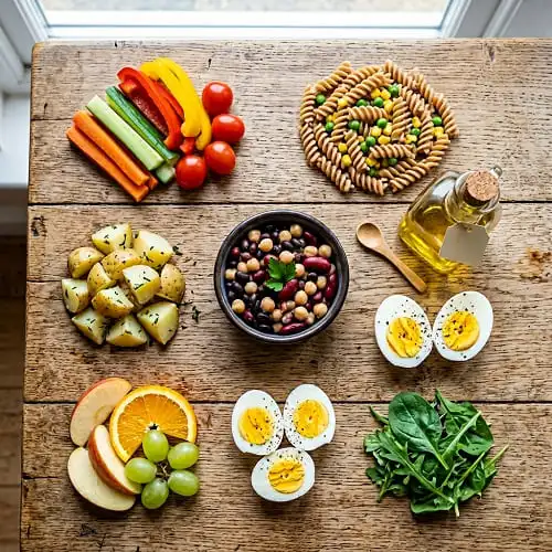 Baukasten für ein gesundes Kinder-Mittagessen mit Gemüse, Beilage und Eiweiß
