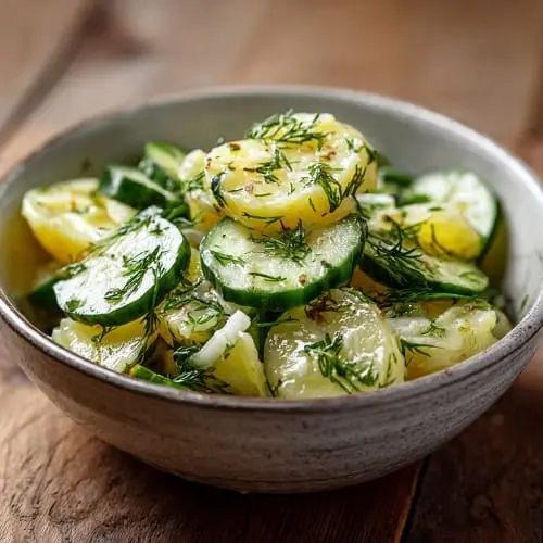 Kartoffel-Gurken-Salat ohne Mayonnaise als schnelles kaltes Abendessen für die Familie