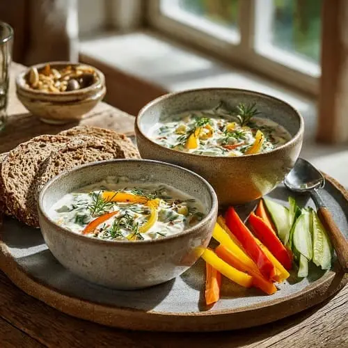 Kräuterquark mit Rohkost als schnelles Abendessen ohne Kochen, angerichtet in Schüsseln