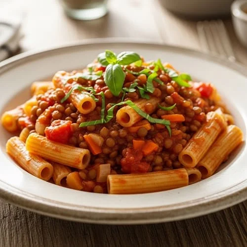 Linsen-Tomatensoße als schnelles 15-Minuten-Mittagessen zu Nudeln