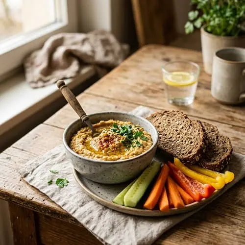 Cremiger Linsenaufstrich in einer Schale als eiweißreiche Komponente für kaltes Abendessen