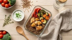 Proteinreiche Meal-Prep-Boxen mit Hähnchen, Linsen und Gemüse