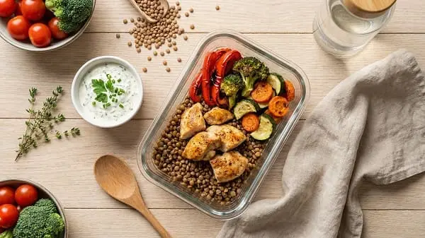 Proteinreiche Meal-Prep-Boxen mit Hähnchen, Linsen und Gemüse