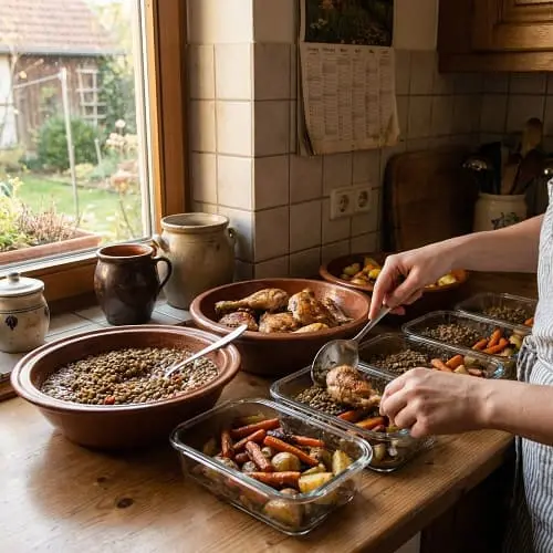Hähnchen, Linsen und Ofengemüse werden in Meal-Prep-Boxen gefüllt