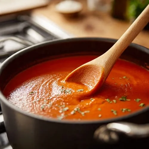 Milde Tomatensoße für Kinder, cremig und ohne Stückchen, im Topf gerührt