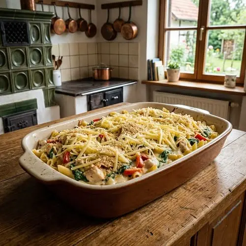 Unkompliziertes Essen für viele Gäste: Nudelauflauf 3 Großer cremiger Nudelauflauf mit Hähnchen, Paprika und Spinat vor dem Backen
