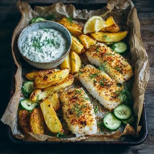 Ofenfisch mit Kartoffelspalten und Gurken-Joghurt als gesundes Mittagessen für Kinder