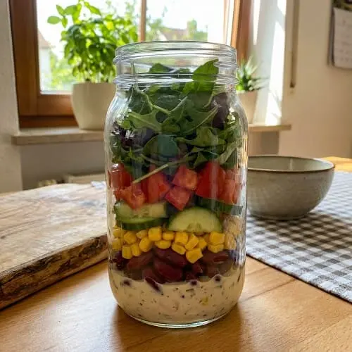 Schichtsalat im Glas als schnelles Abendessen ohne Kochen mit Bohnen, Mais, Gurke und Blattsalat