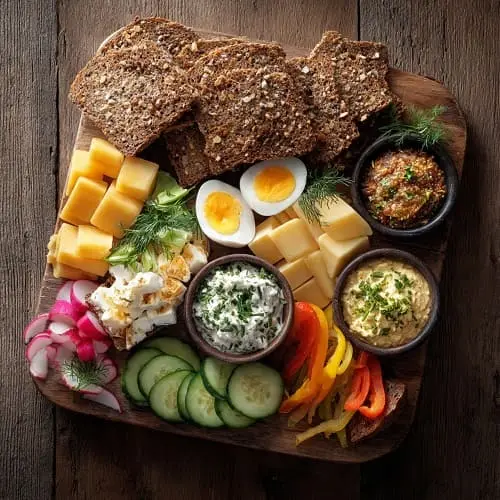 Bunte Brotzeitplatte als schnelles kaltes Abendessen für die Familie mit Brot, Rohkost, Käse und Aufstrich