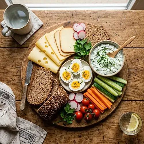 Brotzeitbrett als schnelles Abendessen ohne Kochen mit Brot, Rohkost, Käse, Eiern und Quark