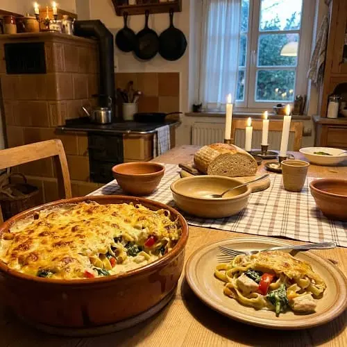 Unkompliziertes Essen für viele Gäste: Nudelauflauf 4 Servierter cremiger Nudelauflauf mit Hähnchen, Paprika und Spinat auf einem Teller