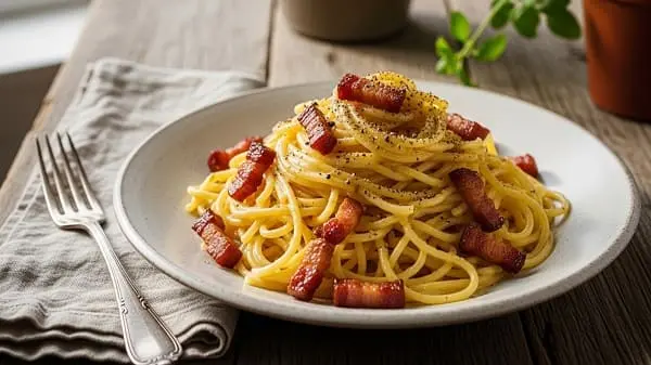 Originale Spaghetti Carbonara ohne Sahne mit Guanciale, Pecorino und schwarzem Pfeffer