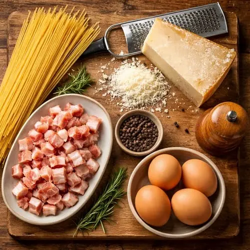 Spaghetti Carbonara original: Rezept ohne Sahne 2 Zutaten für Spaghetti Carbonara ohne Schweinefleisch: Spaghetti, Rinderbacon, Eier, Pecorino Romano und schwarzer Pfeffer