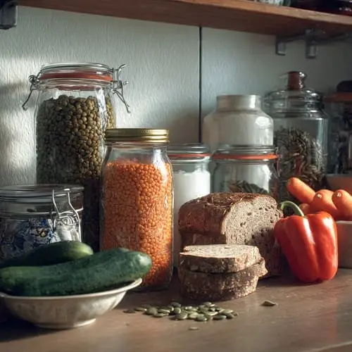 Vorratszutaten für ein schnelles kaltes Abendessen mit der Familie: Hülsenfrüchte, Quark, Rohkost und Brot