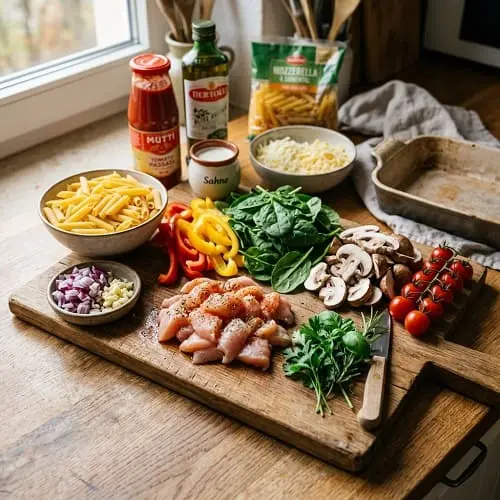 Unkompliziertes Essen für viele Gäste: Nudelauflauf 2 Zutaten für einen großen cremigen Nudelauflauf mit Hähnchen, Paprika und Spinat