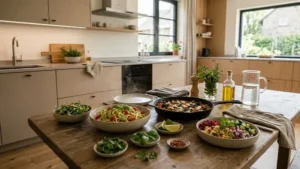 Auswahl schneller vegetarischer 15-Minuten-Gerichte auf einem Küchentisch