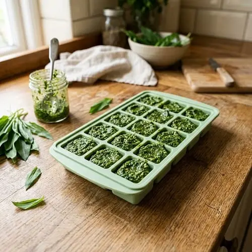 Bärlauchpesto wird in einer Eiswürfelform portioniert