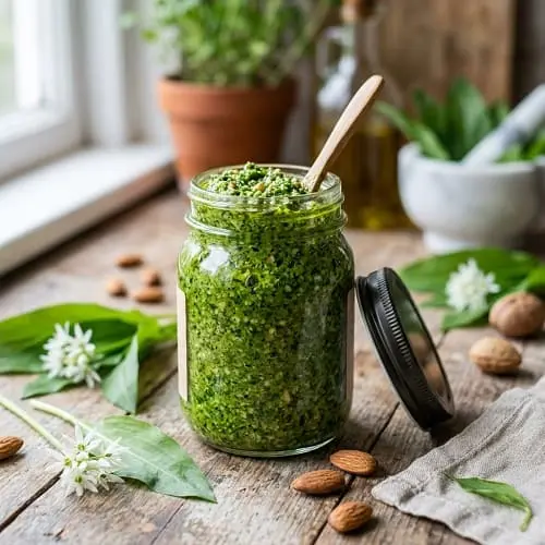Bärlauchpesto im Thermomix mit Mandeln in einem Schraubglas, daneben frischer Bärlauch und Mandeln