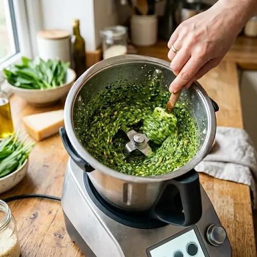 Bärlauchpesto wird im Thermomix cremig gemixt, grüne Masse im Mixtopf