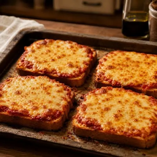 Schnelle Brot-Pizza für Kinder auf einem Blech, mit Käse und mildem Belag